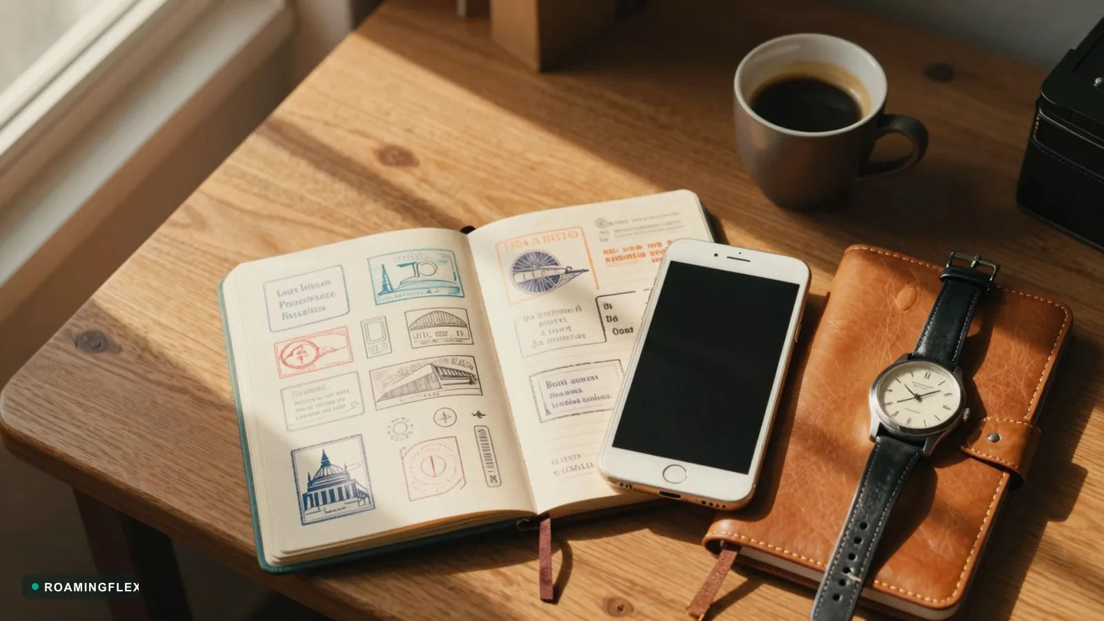Open passport, smartphone, and analog watch on a wooden desk in golden light
