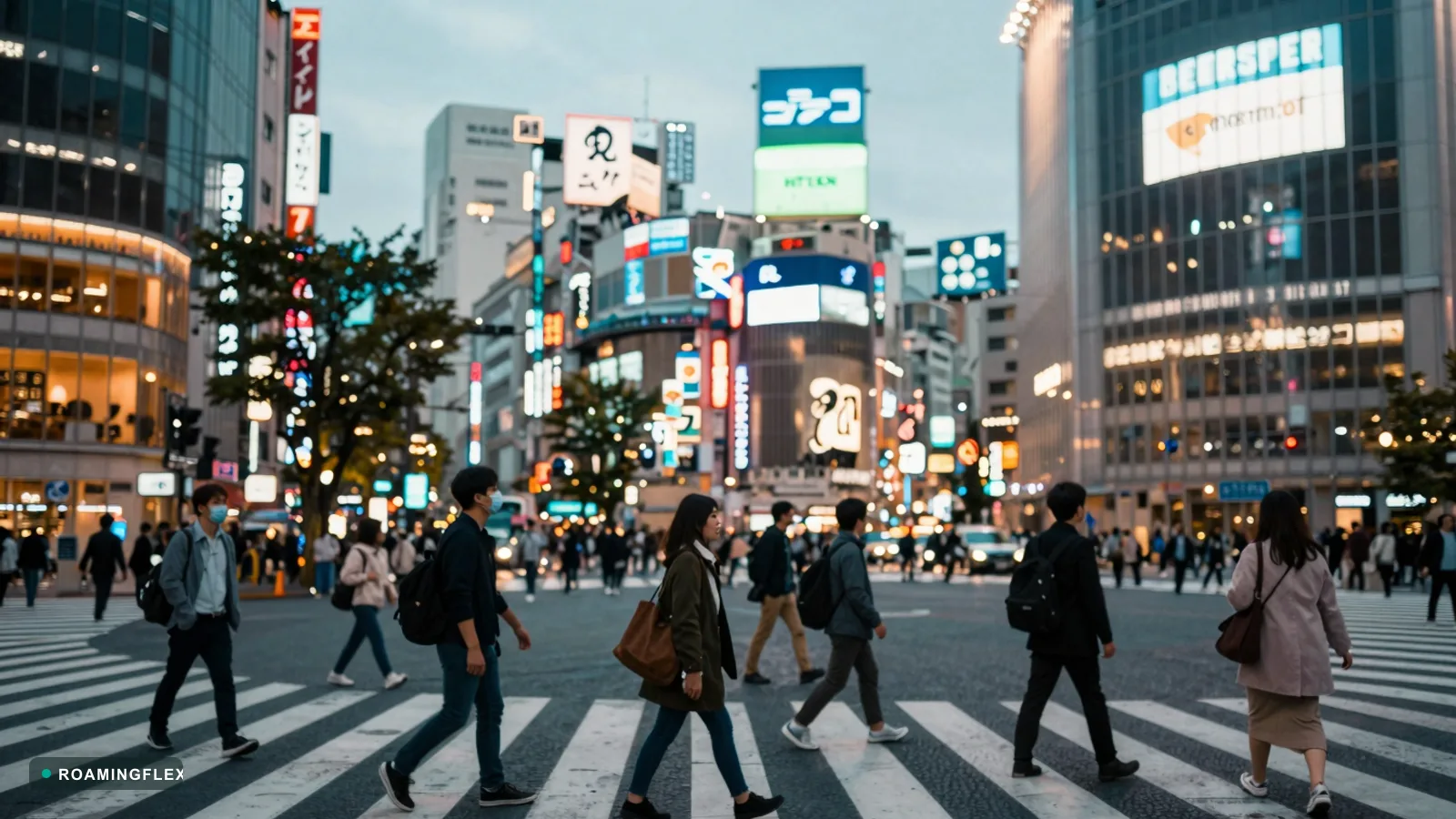 Shibuya Scramble Crossing in Tokyo, Japan at dusk with neon signage