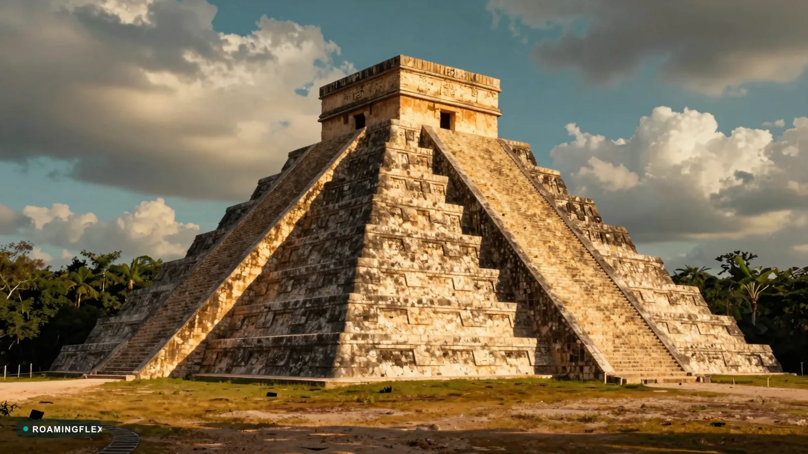 Chichen Itza pyramid at golden hour in Yucatan, Mexico