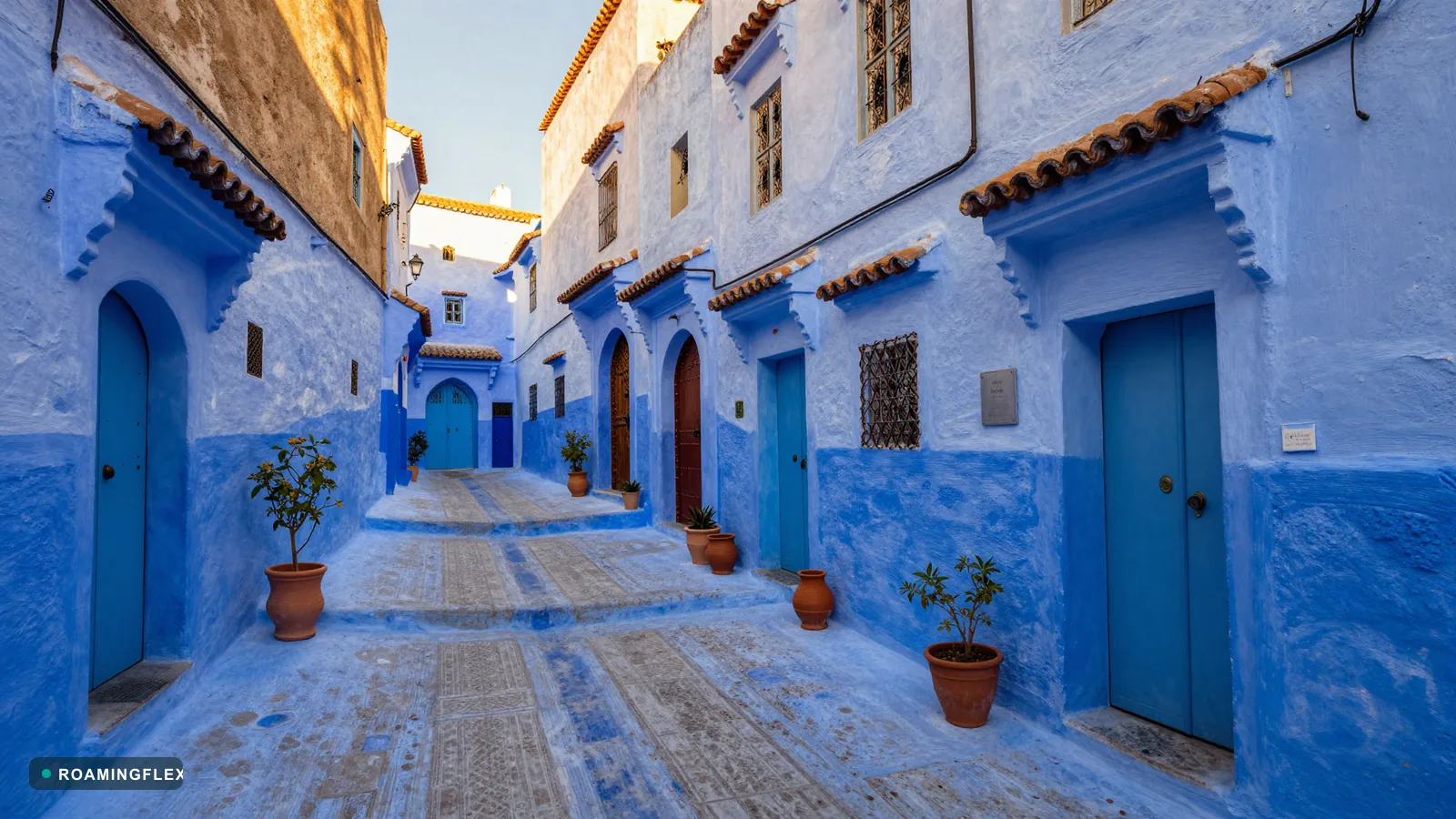 Blue-painted alleyways of Chefchaouen at sunset, Morocco