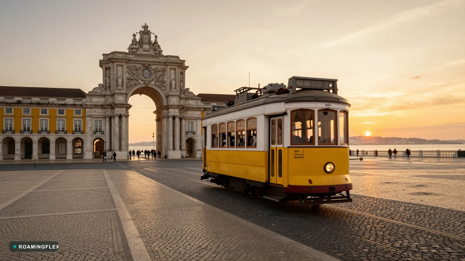 Tram 28 crossing Praça do Comércio at sunset in Lisbon, Portugal