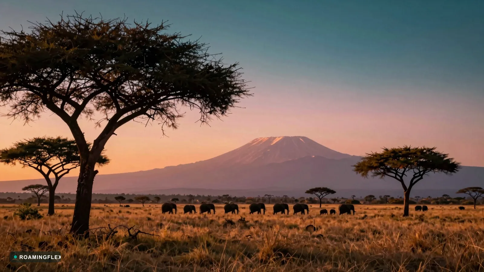 African savannah with silhouetted acacia trees, distant elephants, and Mount Kilimanjaro at sunset