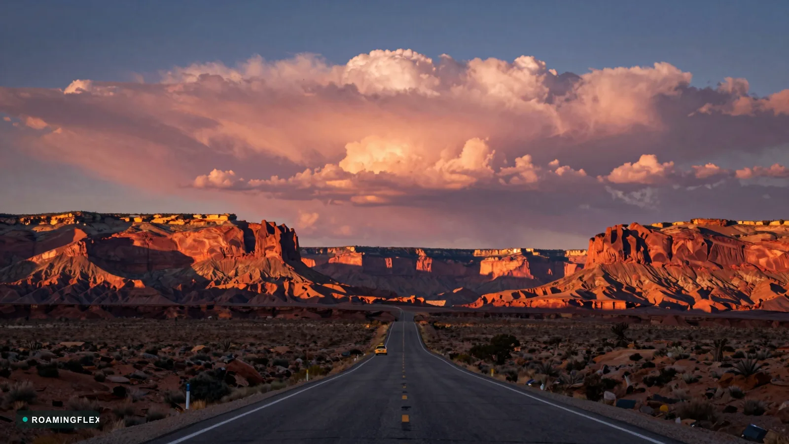 Open desert highway through red rock canyon at sunset in the Americas
