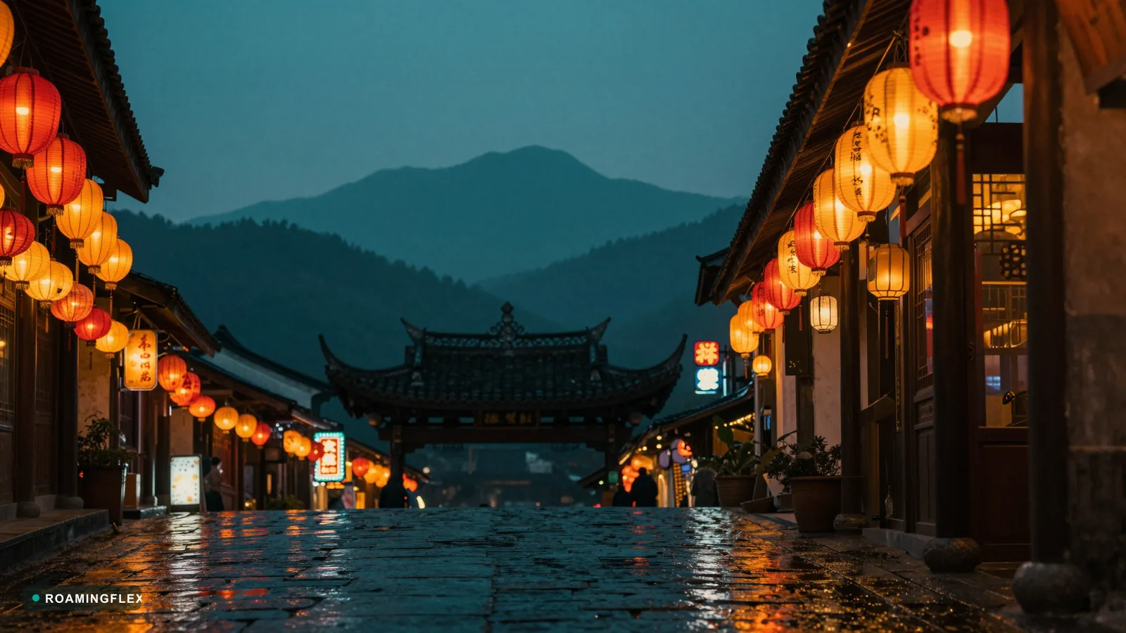Lantern-lit alley with pagoda silhouette and neon signage in Asia at dusk