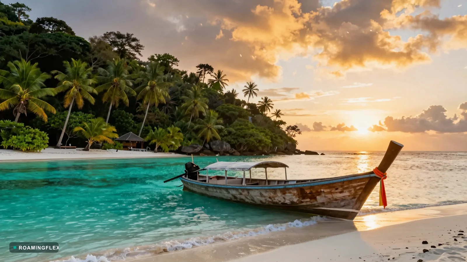 Tropical beach at sunset with palm trees and turquoise water in the Asia Pacific