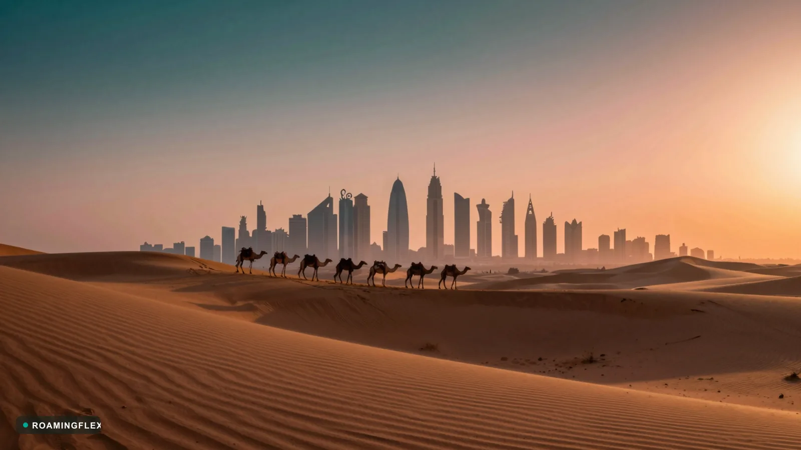 Desert dunes with camel caravan and modern Gulf skyline silhouette at sunset