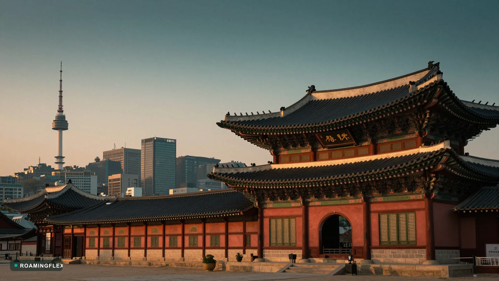 Gyeongbokgung Palace with Seoul skyline at sunset, South Korea