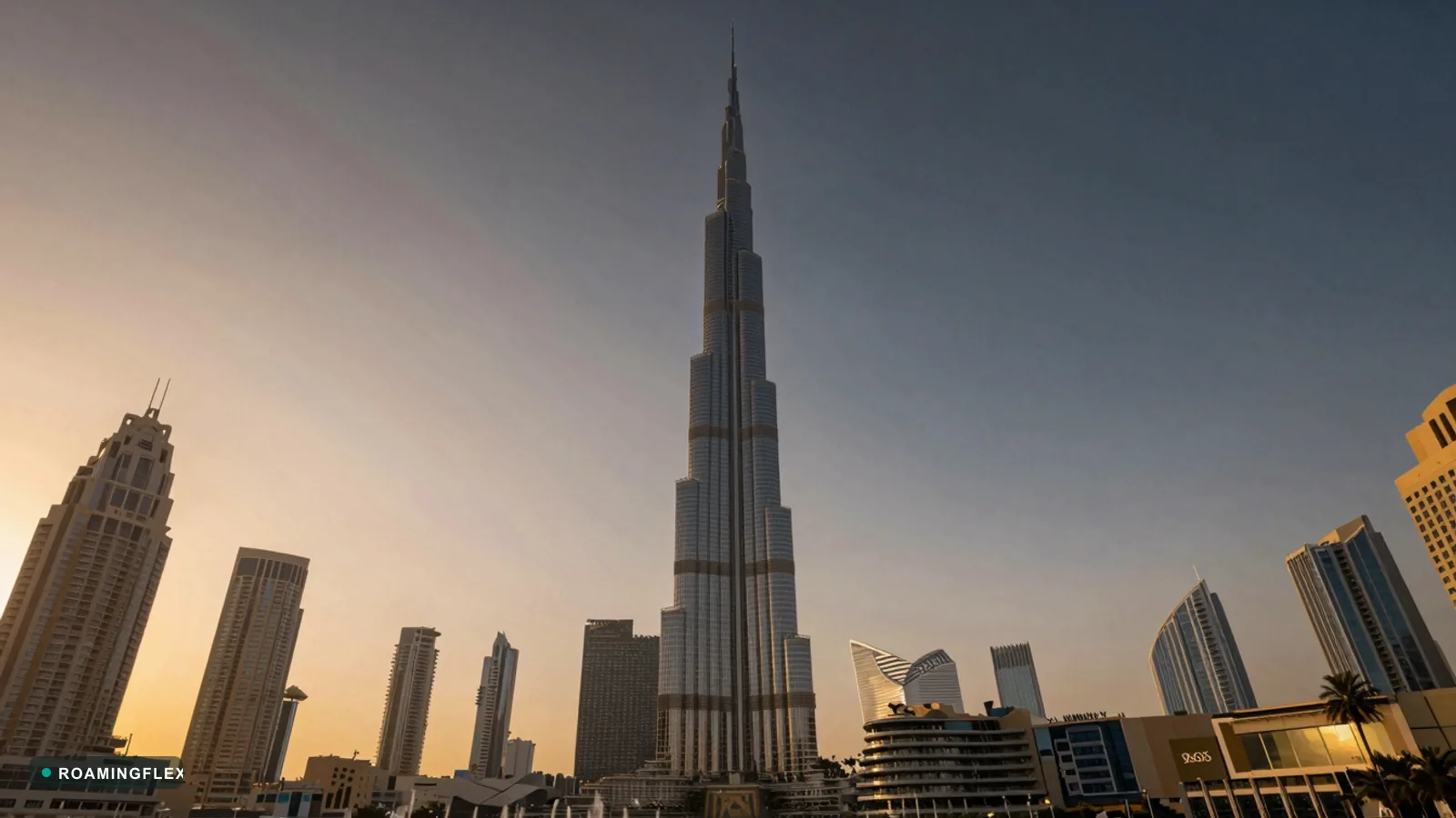 Burj Khalifa at golden hour in Dubai, United Arab Emirates with city skyline