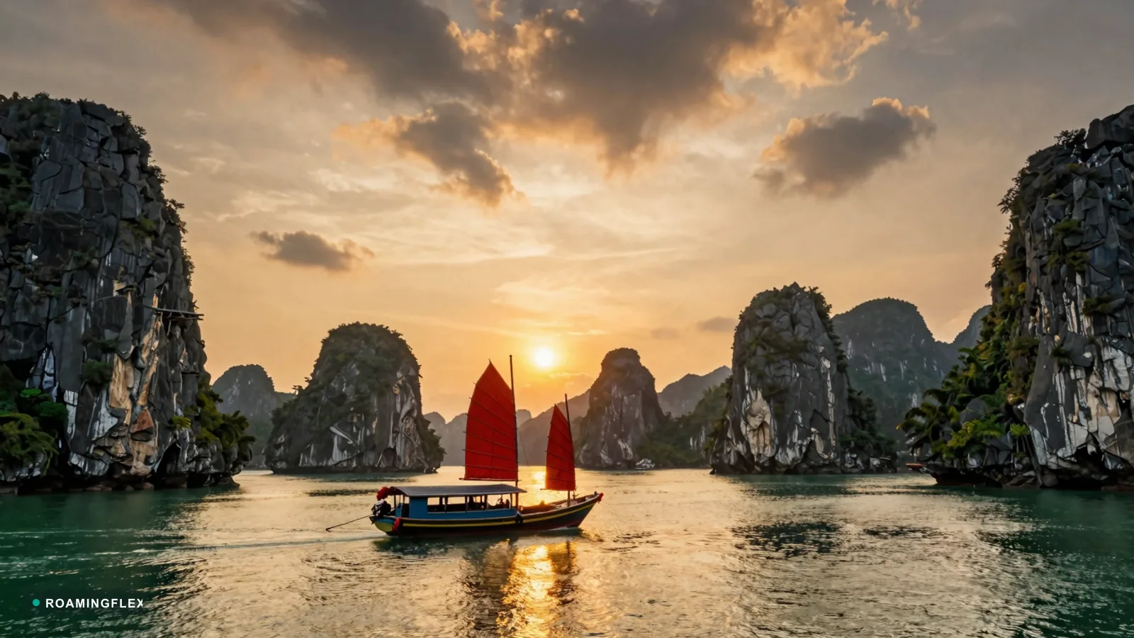 Ha Long Bay karst limestone islands at sunset, Vietnam
